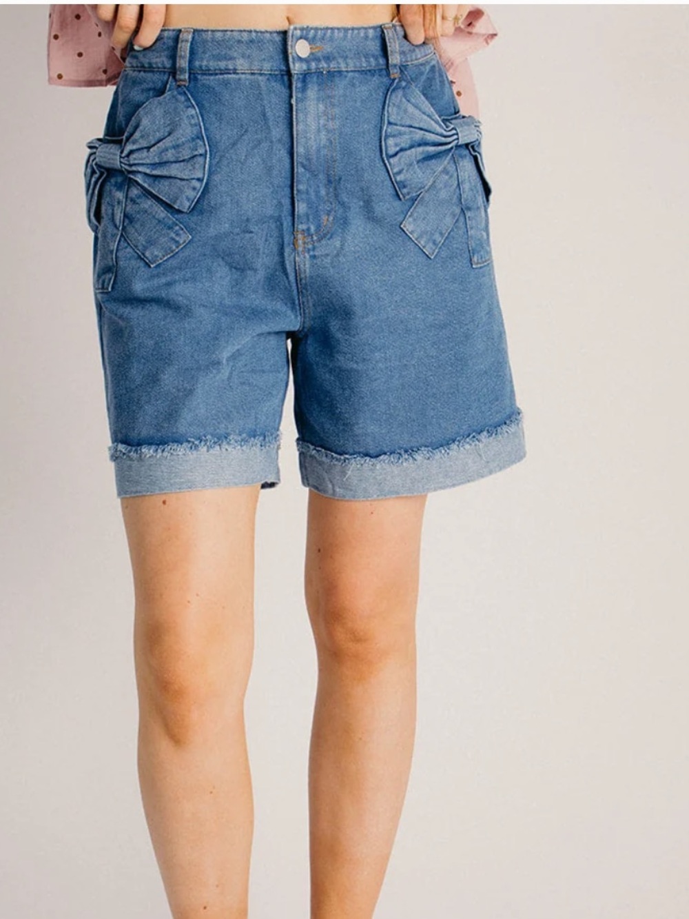 Denim Bow-Accent High-Rise Shorts - Blue